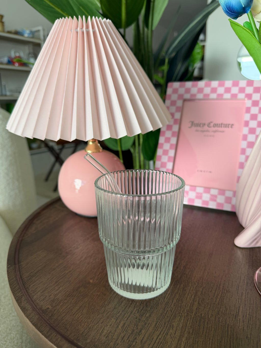 VINTAGE GLASS CUP WITH STRAW